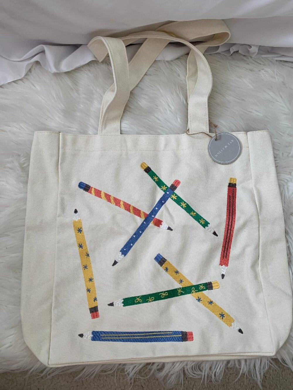 MOLLY & REX Pencils Embroidered Canvas Tote Bag in Ivory